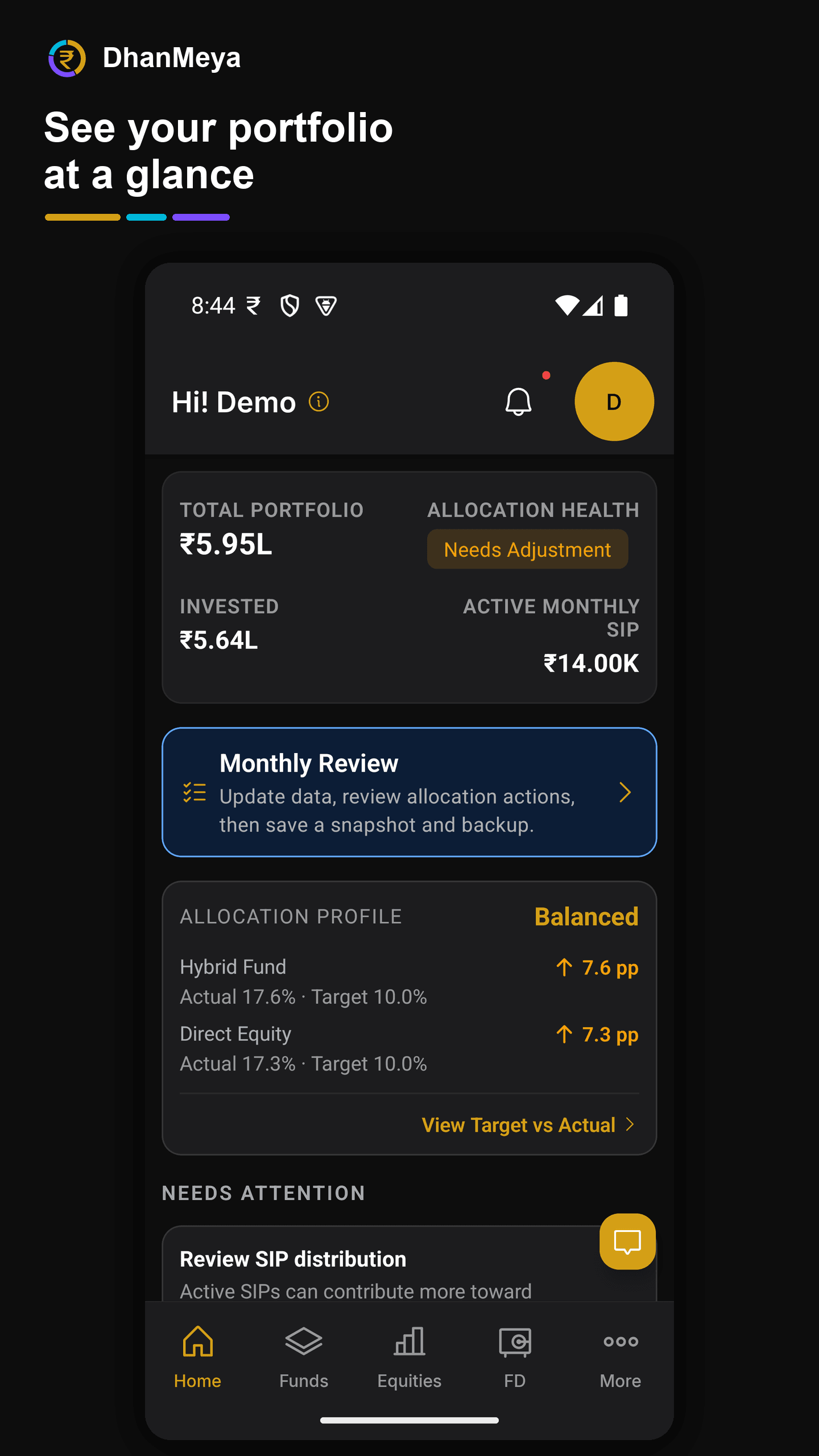 DhanMeya dashboard showing portfolio value and allocation health