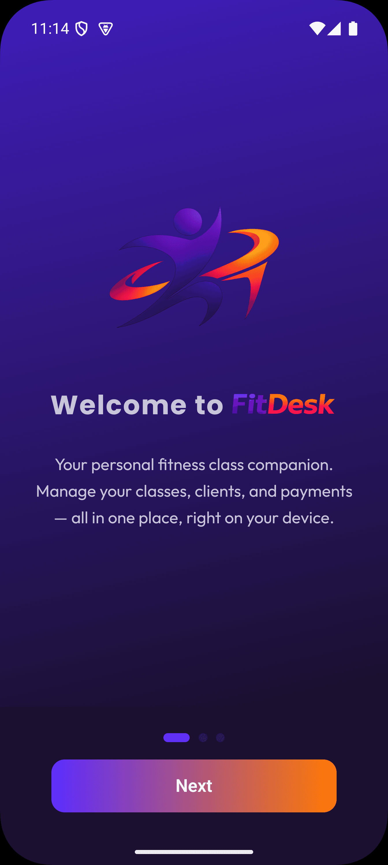 FitDesk welcome screen
