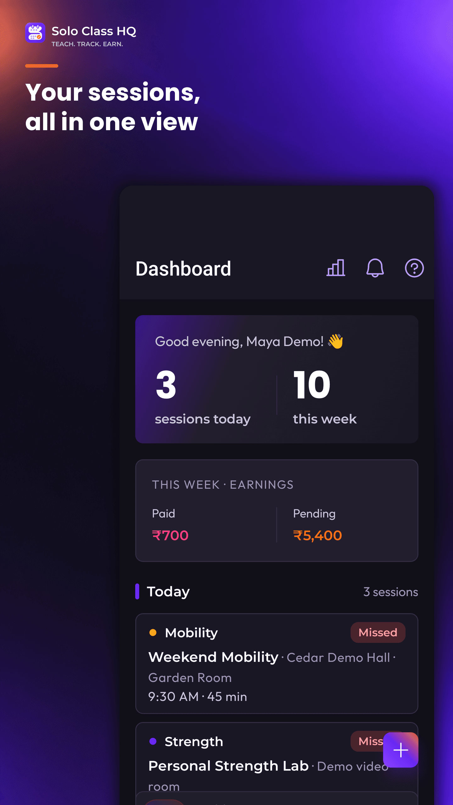 Solo Class HQ dashboard showing today's sessions and the upcoming week
