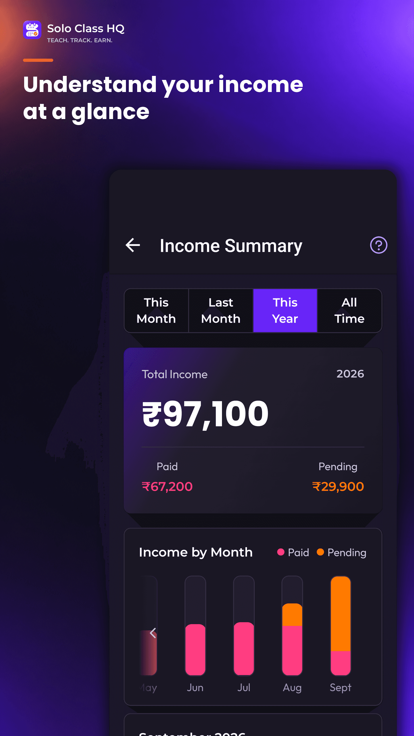 Income Summary with paid and pending totals and monthly charts