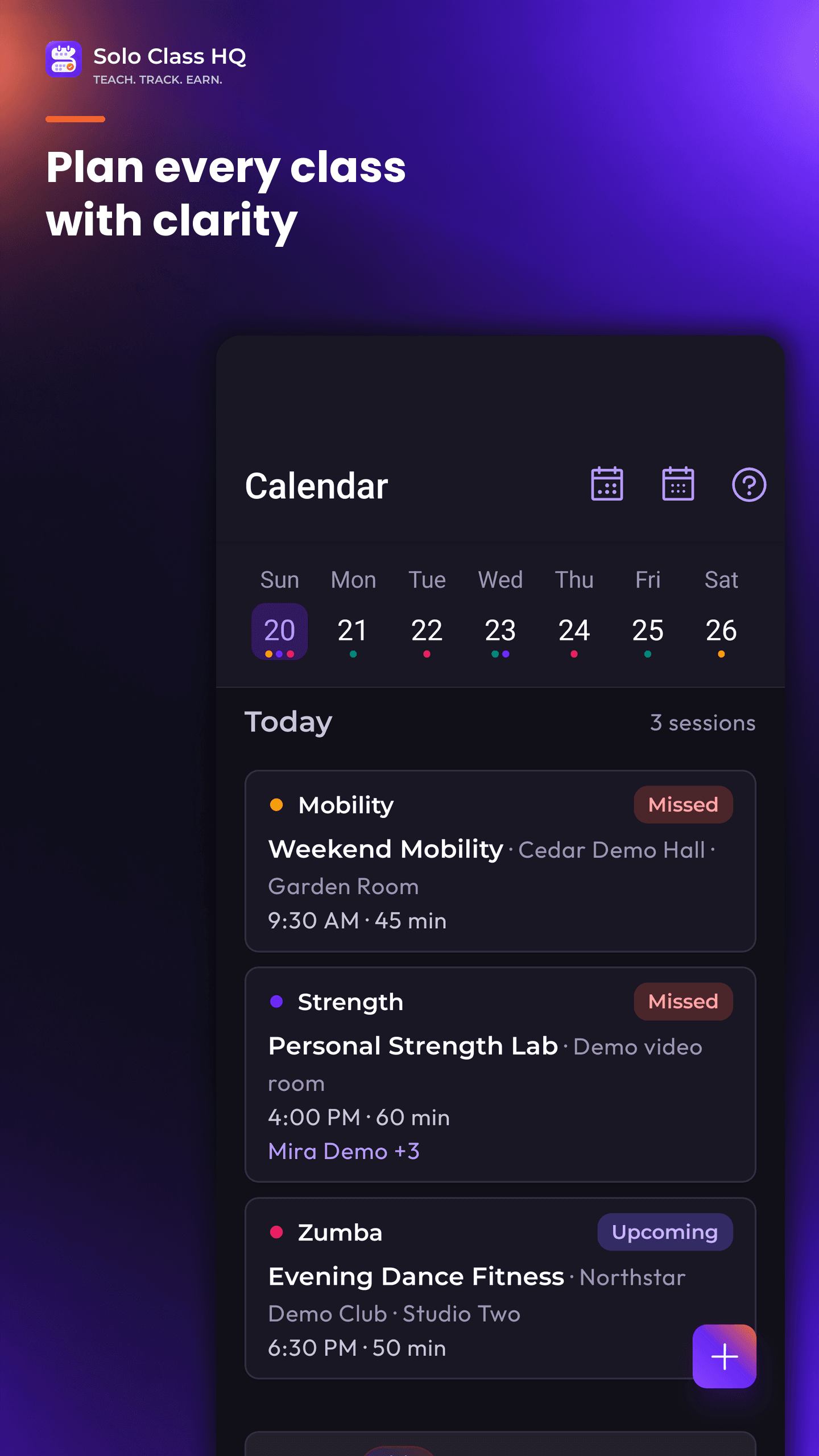 Calendar showing scheduled fitness sessions by date