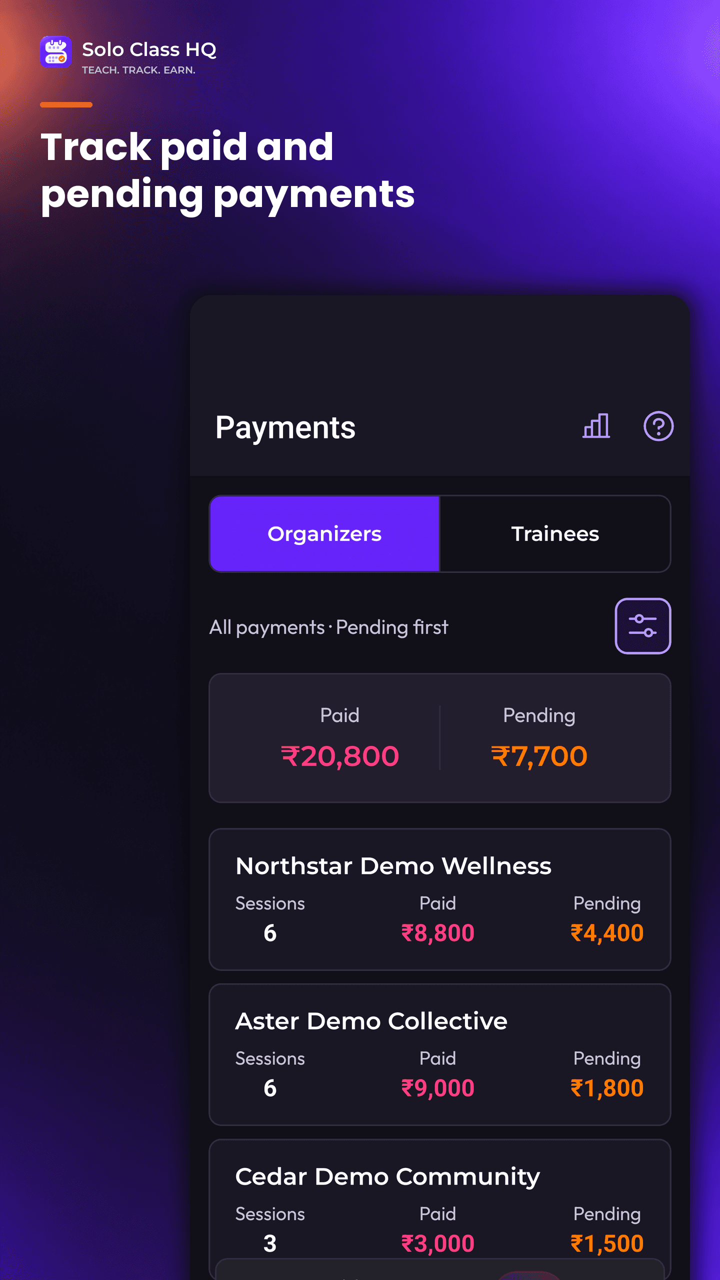 Payments overview with paid and pending organizer payments