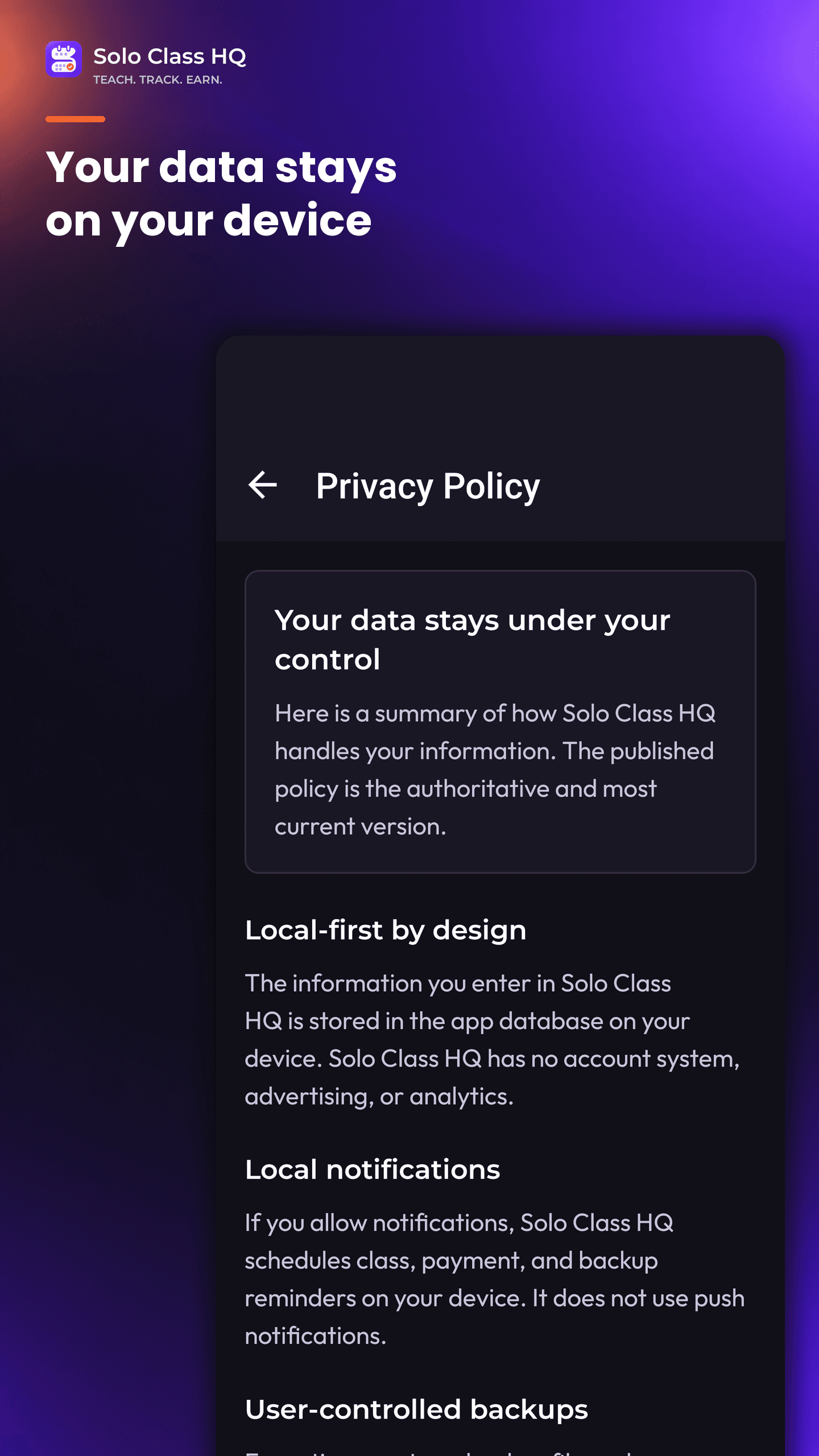 Privacy summary explaining that app data stays on the device