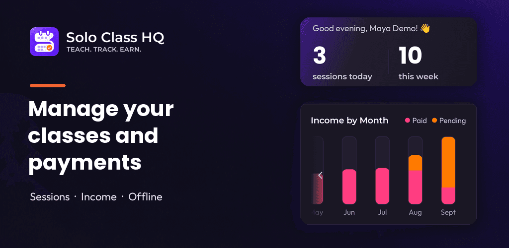 Solo Class HQ feature graphic with dashboard and income summary previews